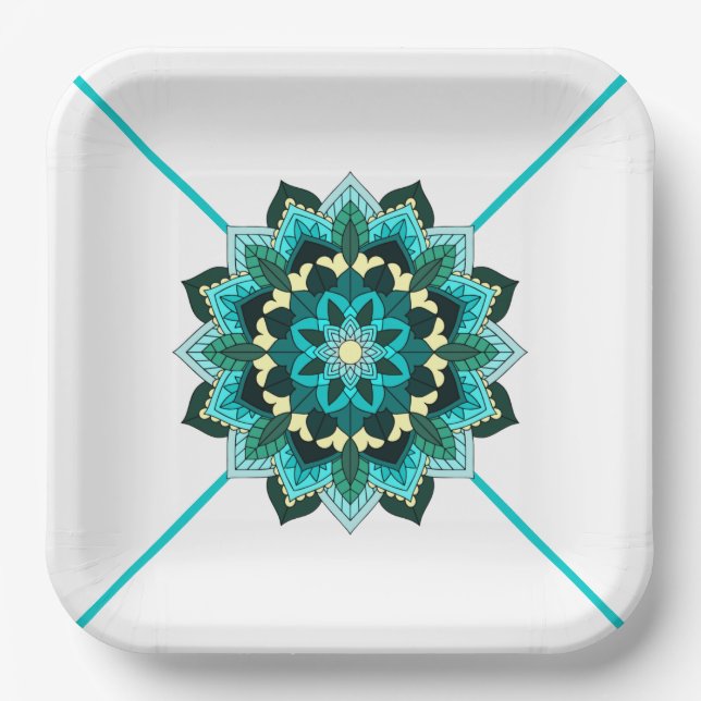 Mandala Pattern 02 in aqua Paper Plate (Front)