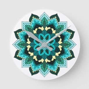 Mandala Pattern 02 in aqua Round Clock