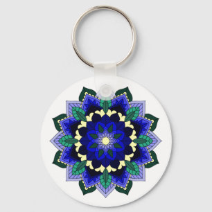 Mandala Pattern 02 in dark blue Button Key Ring