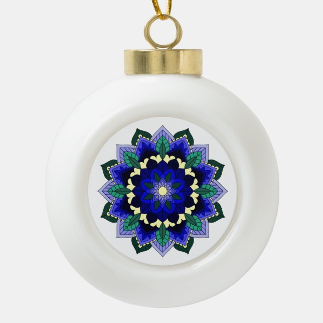 Mandala Pattern 02 in dark blue Ceramic Ball Christmas Ornament (Front)