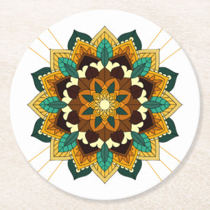 Mandala Pattern 02 in yellow & tan Round Paper Coa Coaster