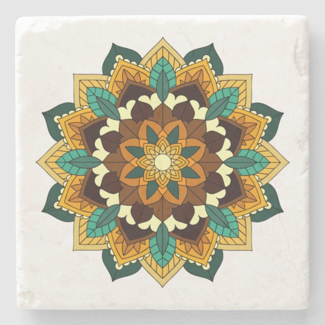 Mandala Pattern 02 in yellow & tan Stone Coaster (Front)