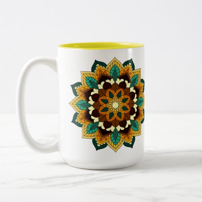 Mandala Pattern 02 in yellow & tan Two-Tone Coffee Mug (Left)