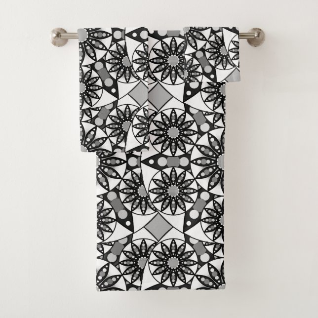 Mandala pattern, Black, White and Grey  Bath Towel (Insitu)