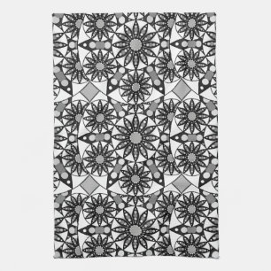 Mandala pattern, Black, White and Grey  Tea Towel
