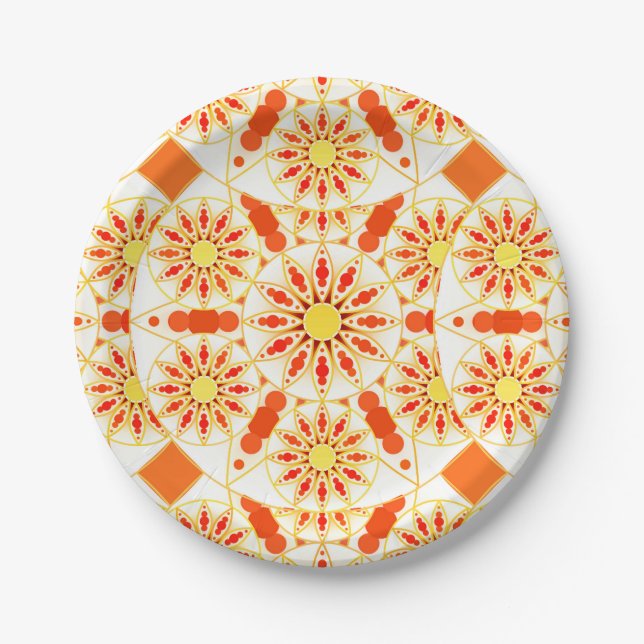 Mandala pattern, brick red, rust, gold paper plate (Front)
