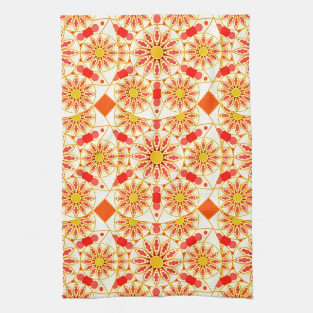 Mandala Pattern, Brick Red, Rust, Gold Tea Towel (Vertical)