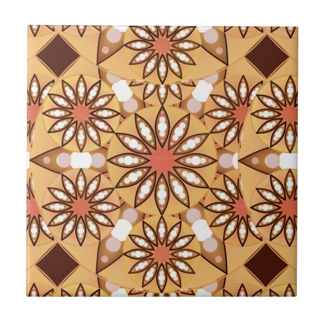 Mandala pattern, caramel tan, chocolate brown ceramic tile (Front)