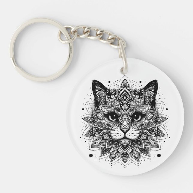 Mandala Pattern Cat Design Key Ring (Front)