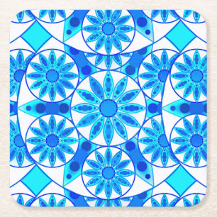 Mandala pattern, cobalt blue and turquoise square paper coaster