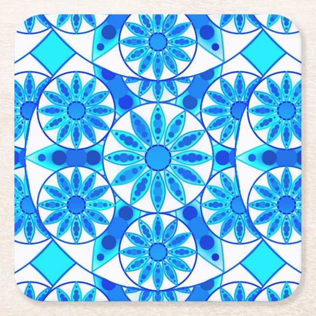 Mandala pattern, cobalt blue and turquoise square paper coaster (Front)