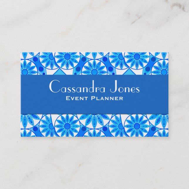 Mandala pattern, cobalt blue, turquoise and white business card (Front)