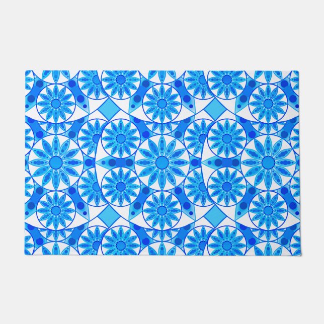 Mandala pattern, cobalt blue, turquoise and white doormat (Front)
