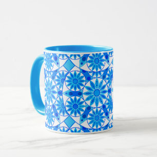 Mandala Pattern, Cobalt Blue, Turquoise and White Mug