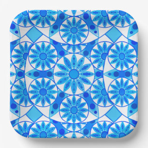 Mandala pattern, cobalt blue, turquoise and white paper plate
