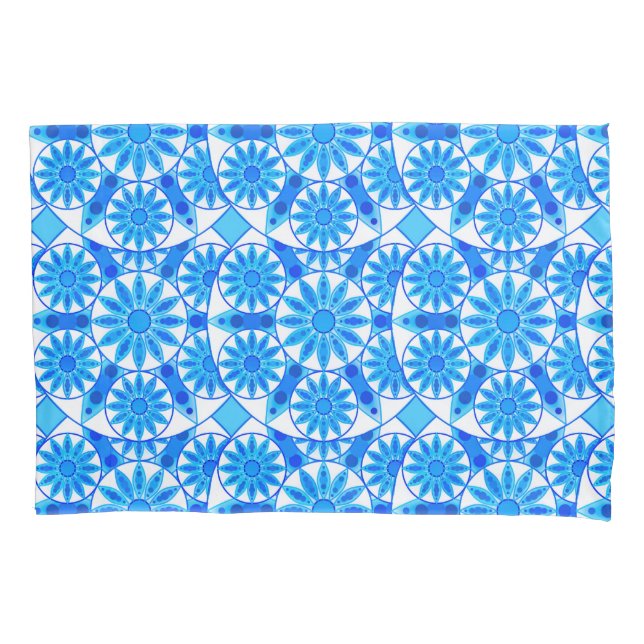 Mandala pattern, cobalt blue, turquoise and white pillowcase (Front)