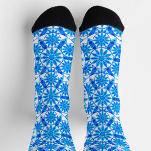 Mandala pattern, cobalt blue, turquoise and white socks