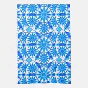 Mandala Pattern, Cobalt Blue, Turquoise and White Tea Towel