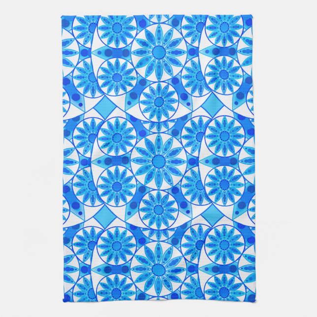 Mandala Pattern, Cobalt Blue, Turquoise and White Tea Towel (Vertical)