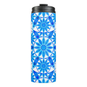 Mandala Pattern, Cobalt Blue, Turquoise and White Thermal Tumbler