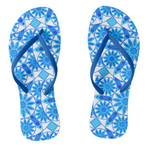 Mandala pattern, cobalt blue, turquoise and white thongs
