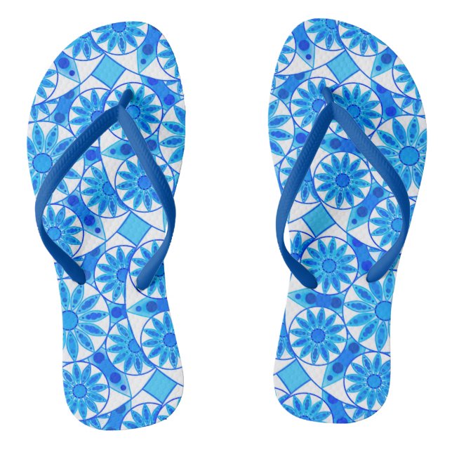Mandala pattern, cobalt blue, turquoise and white thongs (Footbed)