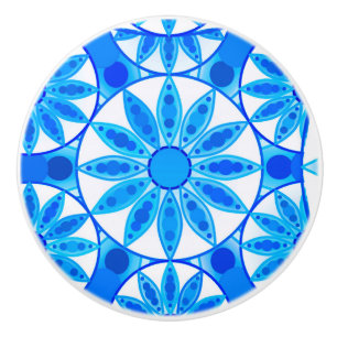 Mandala pattern, cobalt, turquoise and white ceramic knob