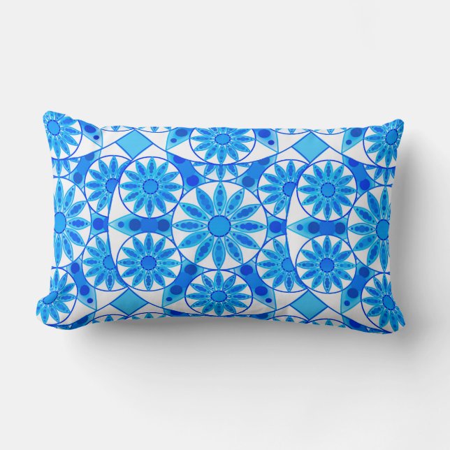 Mandala pattern, cobalt, turquoise and white lumbar cushion (Front)