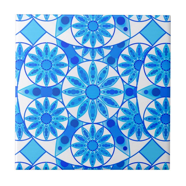 Mandala pattern, cobalt, turquoise and white tile (Front)