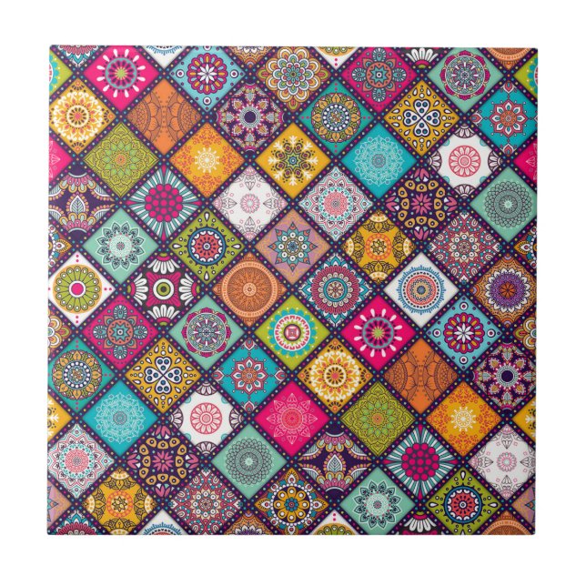 Mandala pattern colourful Moroccan Ceramic Tile (Front)