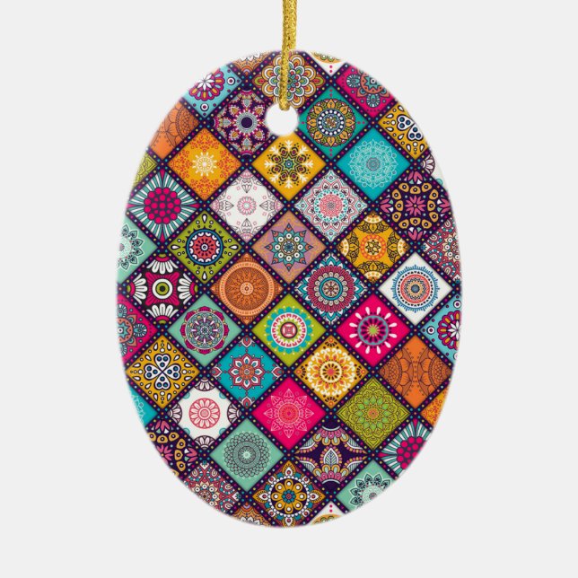 Mandala pattern colourful Moroccan Ceramic Tree Decoration (Front)