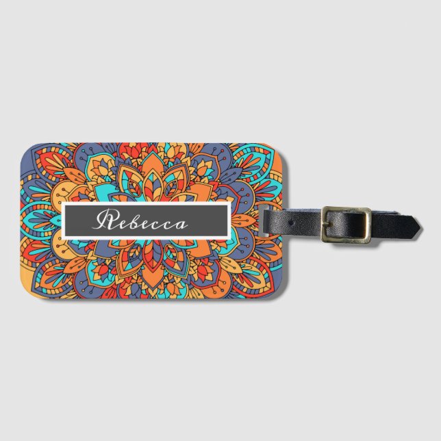 Mandala pattern colourful Moroccan name Luggage Tag (Front Horizontal)