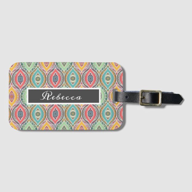 Mandala pattern colourful Moroccan name Luggage Tag (Front Horizontal)