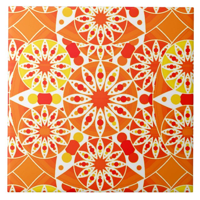 Mandala pattern, Coral Orange and Gold Tile (Front)