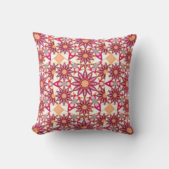Mandala pattern, coral, peach, white and grey cushion (Front)