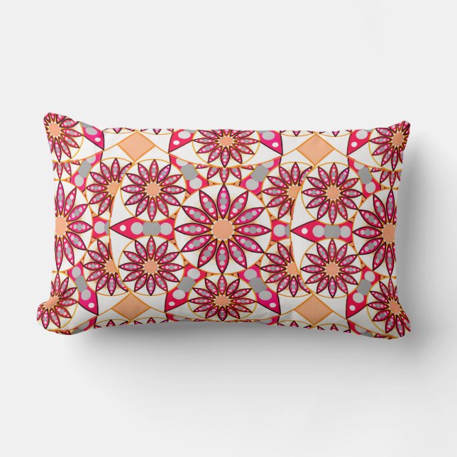 Mandala pattern, coral, peach, white and grey lumbar cushion (Front)