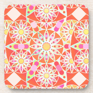 Mandala pattern, coral red, pink, gold coaster