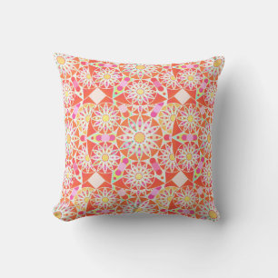 Mandala pattern, coral red, pink, gold cushion
