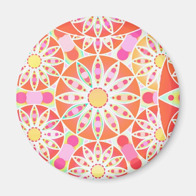 Mandala pattern, coral red, pink, gold magnet (Front)