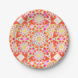 Mandala pattern, coral red, pink, gold paper plate