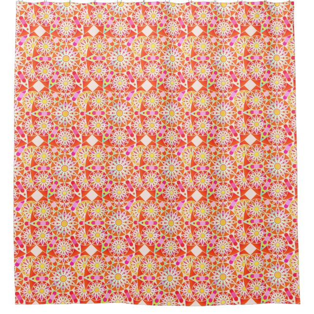 Mandala pattern, coral red, pink, gold shower curtain (Front)