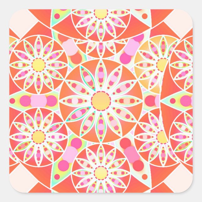 Mandala pattern, coral red, pink, gold square sticker (Front)