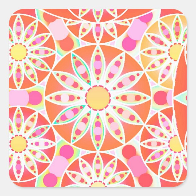 Mandala pattern, coral red, pink, gold square sticker (Front)
