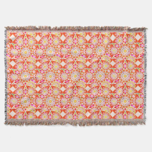 Mandala pattern, coral red, pink, gold throw blanket (Front)