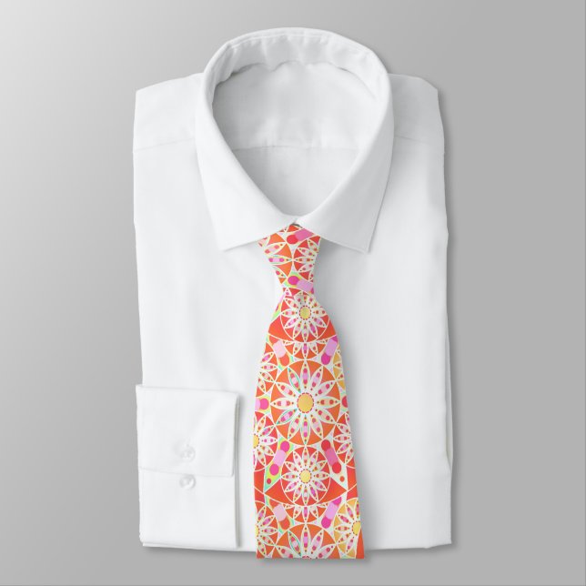 Mandala pattern, coral red, pink, gold tie (Tied)