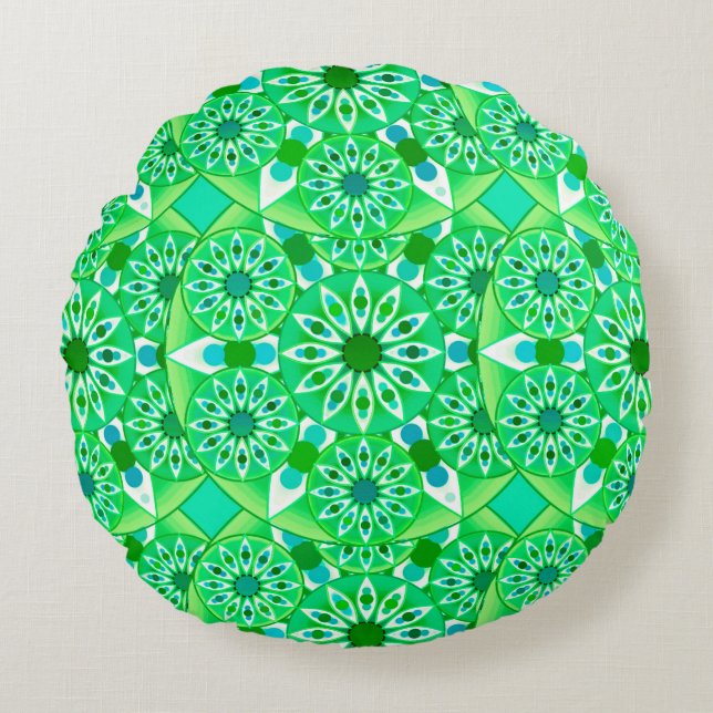 Mandala pattern, Emerald green and peacock Round Cushion (Front)