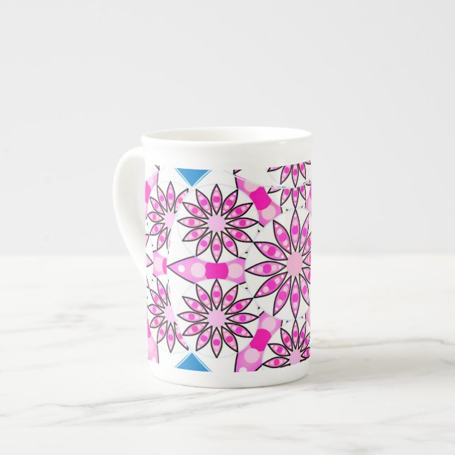 Mandala pattern, hot pink, black and white bone china mug (Front Left)