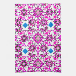 Mandala Pattern, Hot Pink, Black and White  Tea Towel
