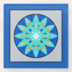 Mandala Pattern in Blue, Gray and Turquoise   Glass Coaster