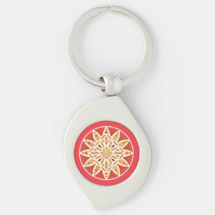 Mandala pattern in camel, dark red and white key ring